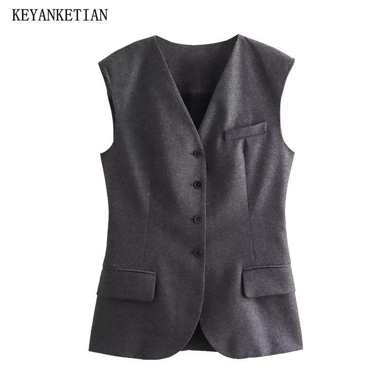 

KEYANKETIAN New Launch Women's Belt Decoration Soft S Tweed Vest Outerwear Stylish Retro V-Neck Single Breasted Sleeveless Top