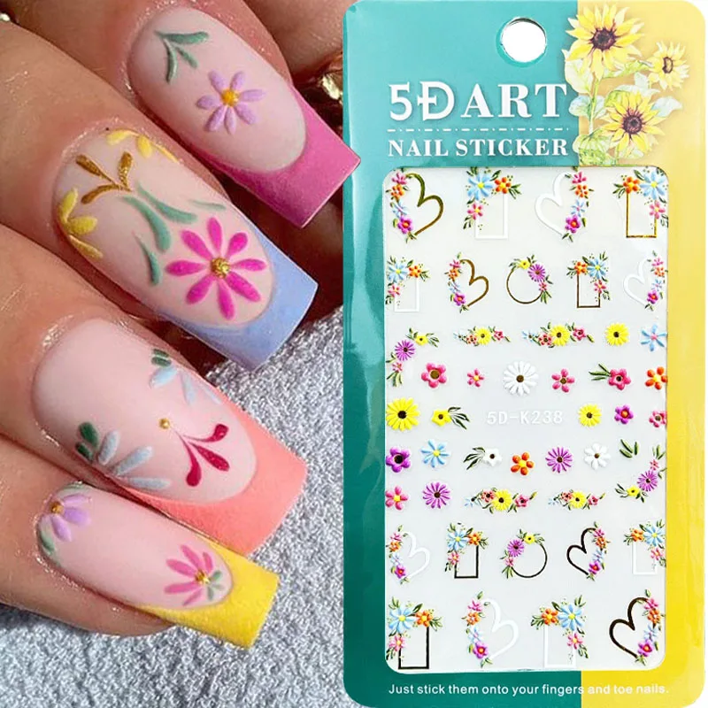 

3D Cute Flower Nail Stickers Floral Nail Decals Colorful Flowers Nail Art Stickers Summer Nail Decorations for Women Nail Decor