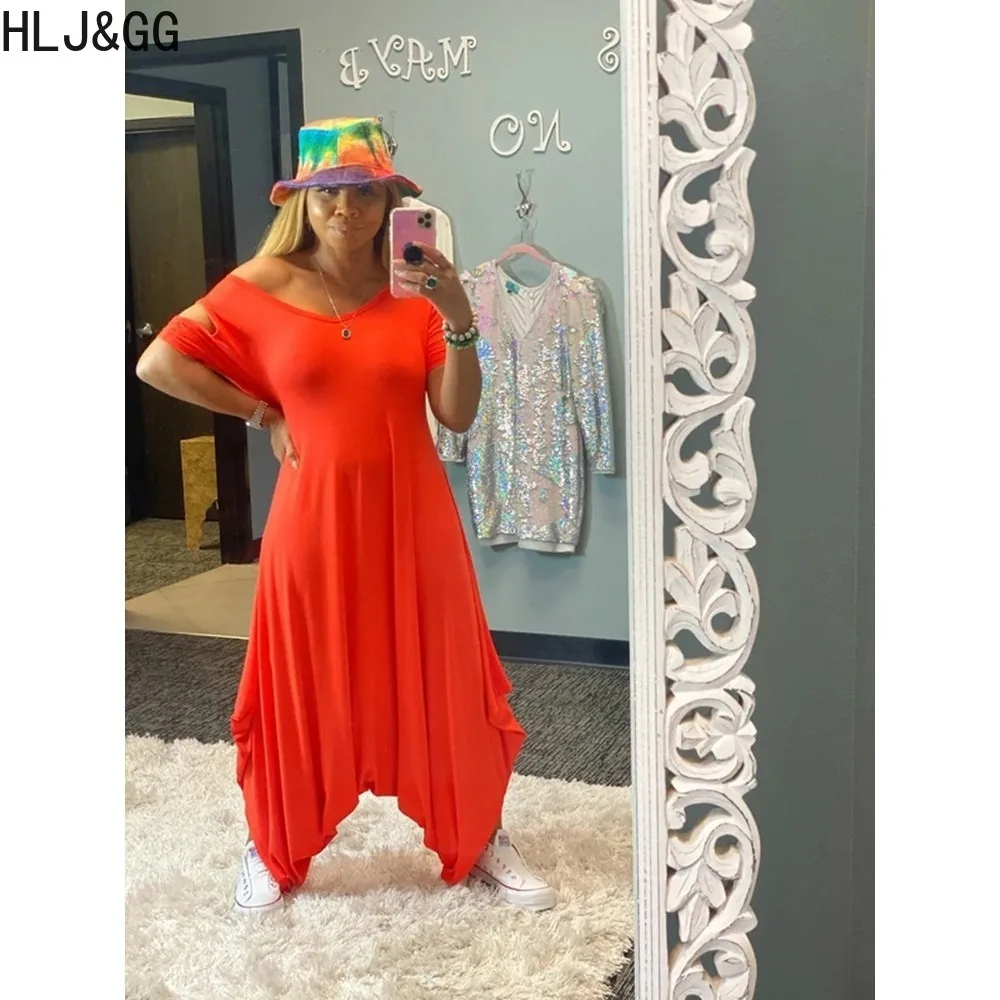 HLJ&GG Fashion Loose Street Style Women Off Shoulder Short Sleeve Harem Pant Playsuits Casual Female Solid Streetwear Overalls