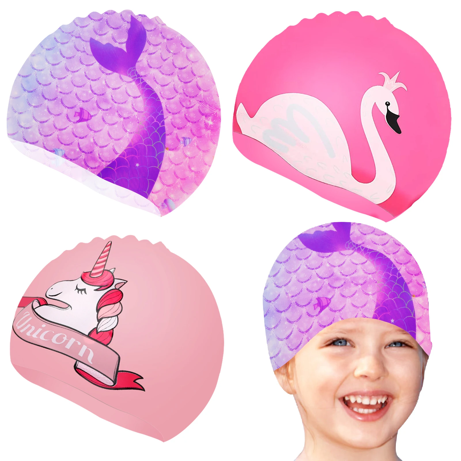 CuteGirlSwimmingCapForChildrenKidsWaterproofElasticSilicone