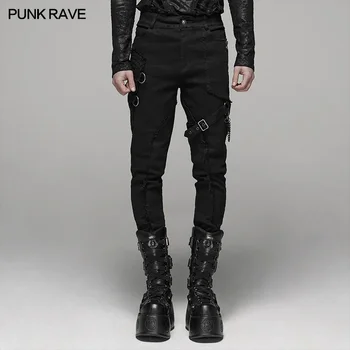 PUNK RAVE Men's Punk Black Elastic Wash Long Pants Gothic Fashion Casual Motocycle Party Club Trousers Men Streetwear 1