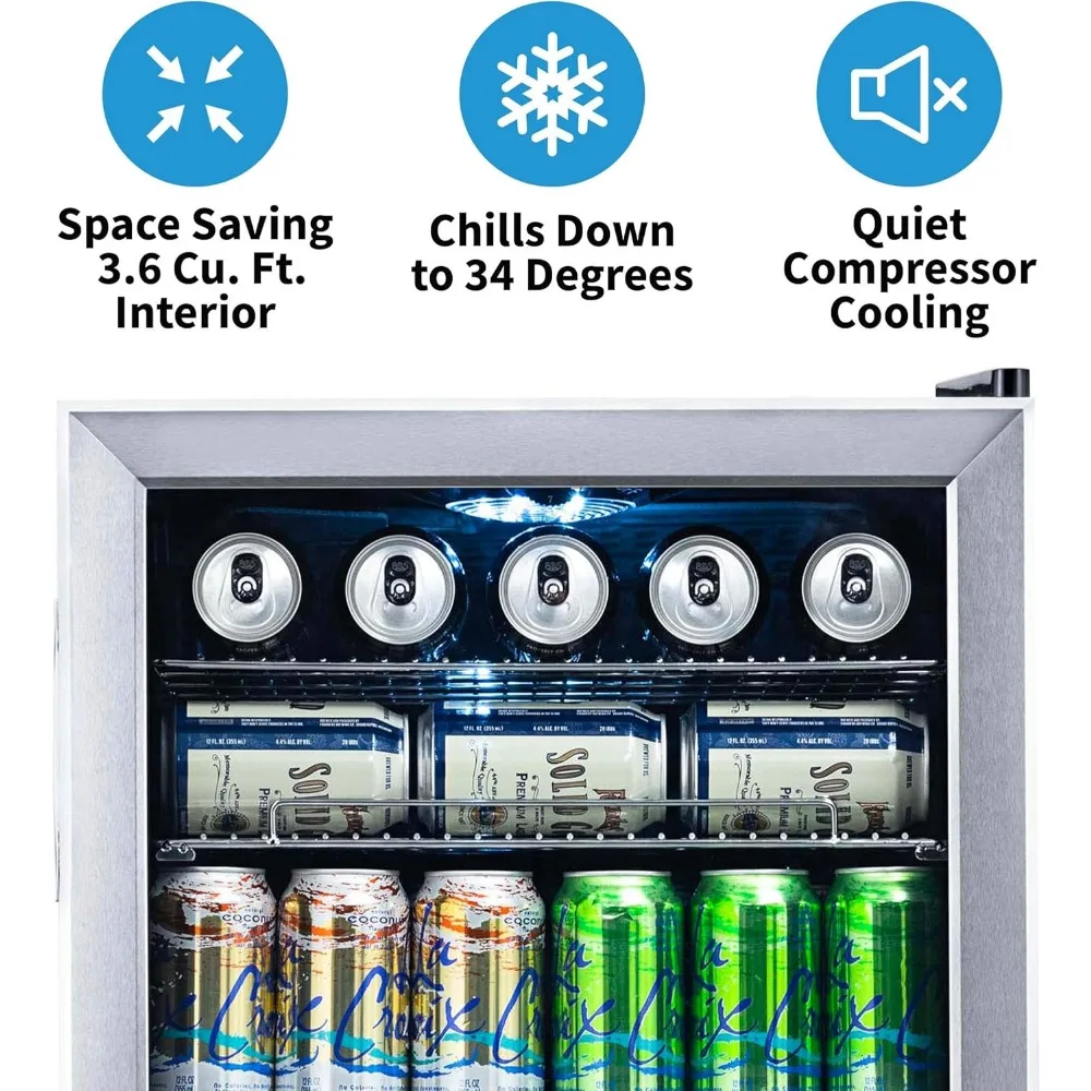 Beverage Refrigerator Cooler 126 Cans Free Standing with Right Hinge Glass Door Mini Fridge Beverage Organizer Perfect