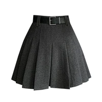 Vintage Winter Pleated Mini Skirt Women Streetwear High Waist Woolen Cute Skater Skirts With Shorts Belt Grey Black Skirt Woman