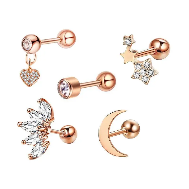 5PCS Star Tragus Stud Earring Set Heart Small Stud Set Lobe