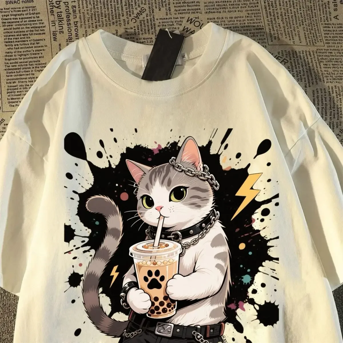 T-shirtand Womens Summer New Drag Cool Kitten Print T-shirt American Student Short-sleeved Top Trendy 2
