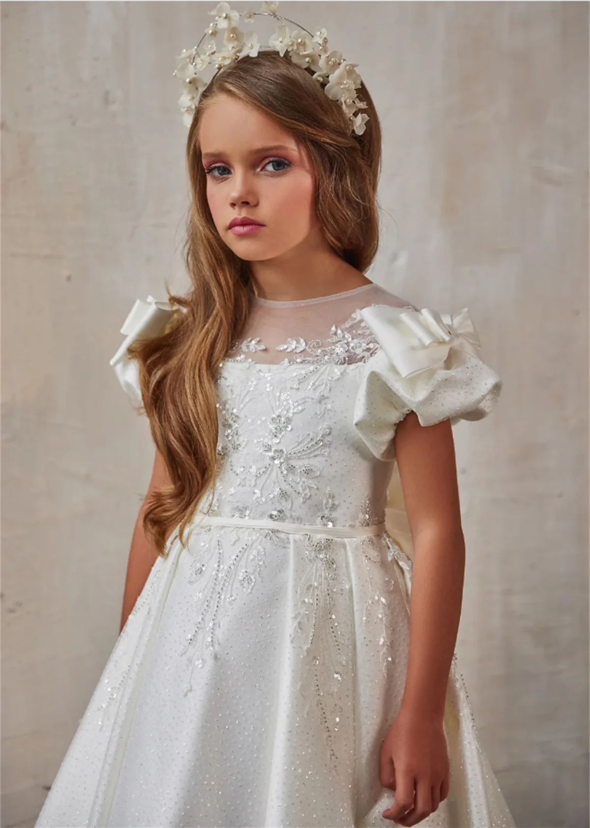 Satin Flower Girl Dress White Applique Lace for Wedding Neck Todder Puffy Princess Evening Party First Communion Ball Gown 2