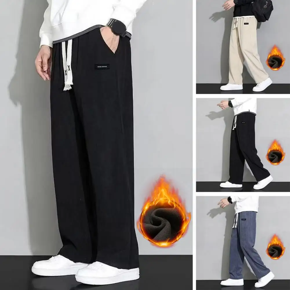 

Drawstring Waist Men Pants Stylish Men's Corduroy Pants Comfortable Elastic Waist Loose Fit Pocketed Straight Leg for Fall