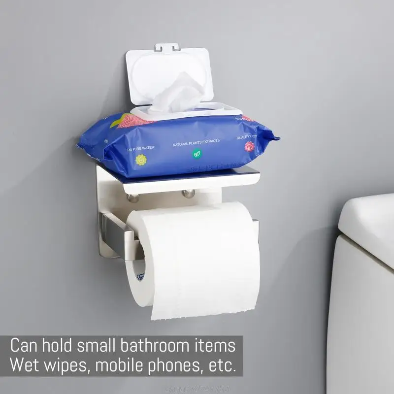 Multifunctional Wall-mount Tissue Holder with Tray Stainless Steel Toilet Paper Dispenser Without Drilling JY29 22 paper towel holder toilet paper holder toilet paper rack toilet roll holder paper towel rack tissue holder