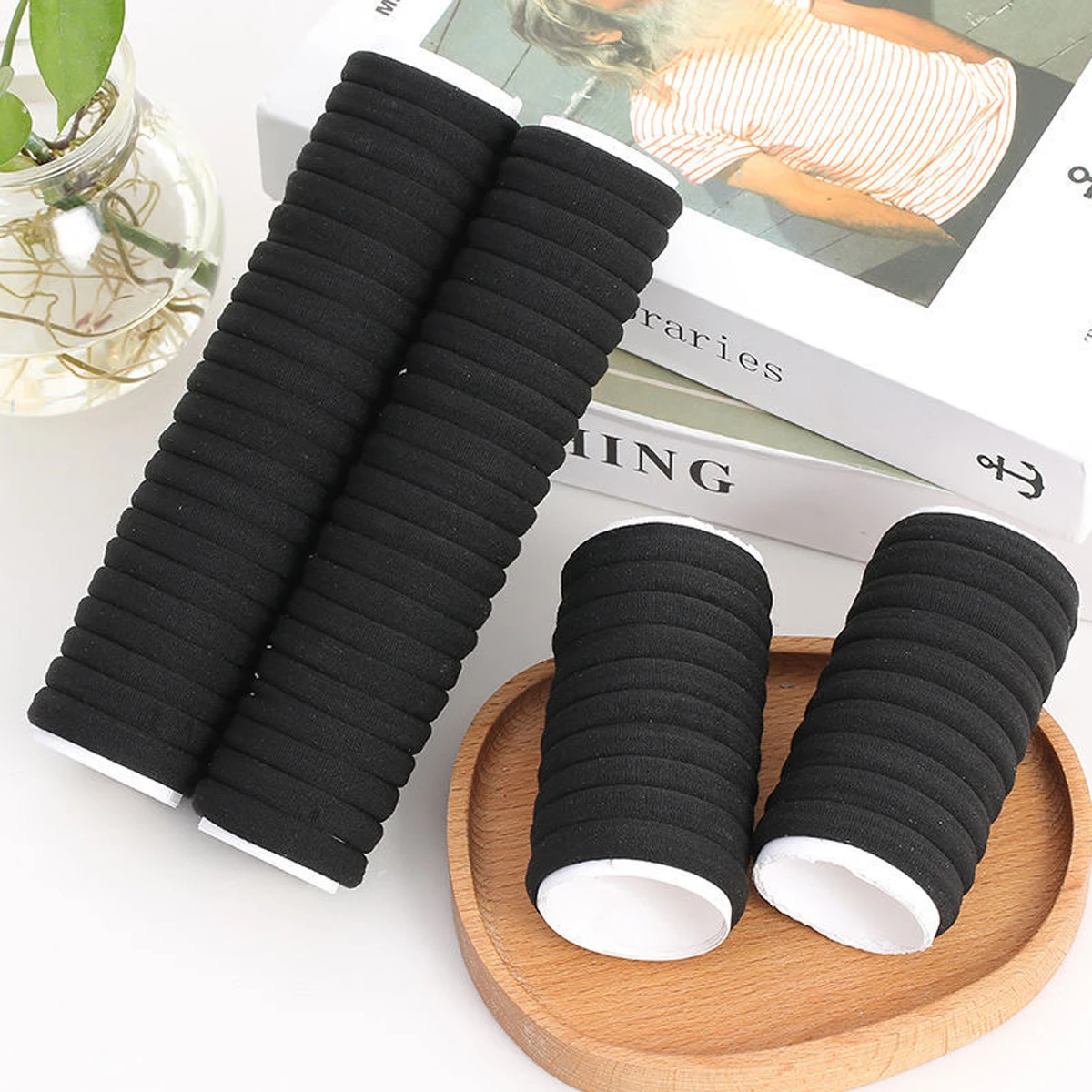 50/100 Uds. Bandas negras para el cabello para mujeres y niñas, banda de goma elástica alta, lazos para el cabello, coleteros, accesorios