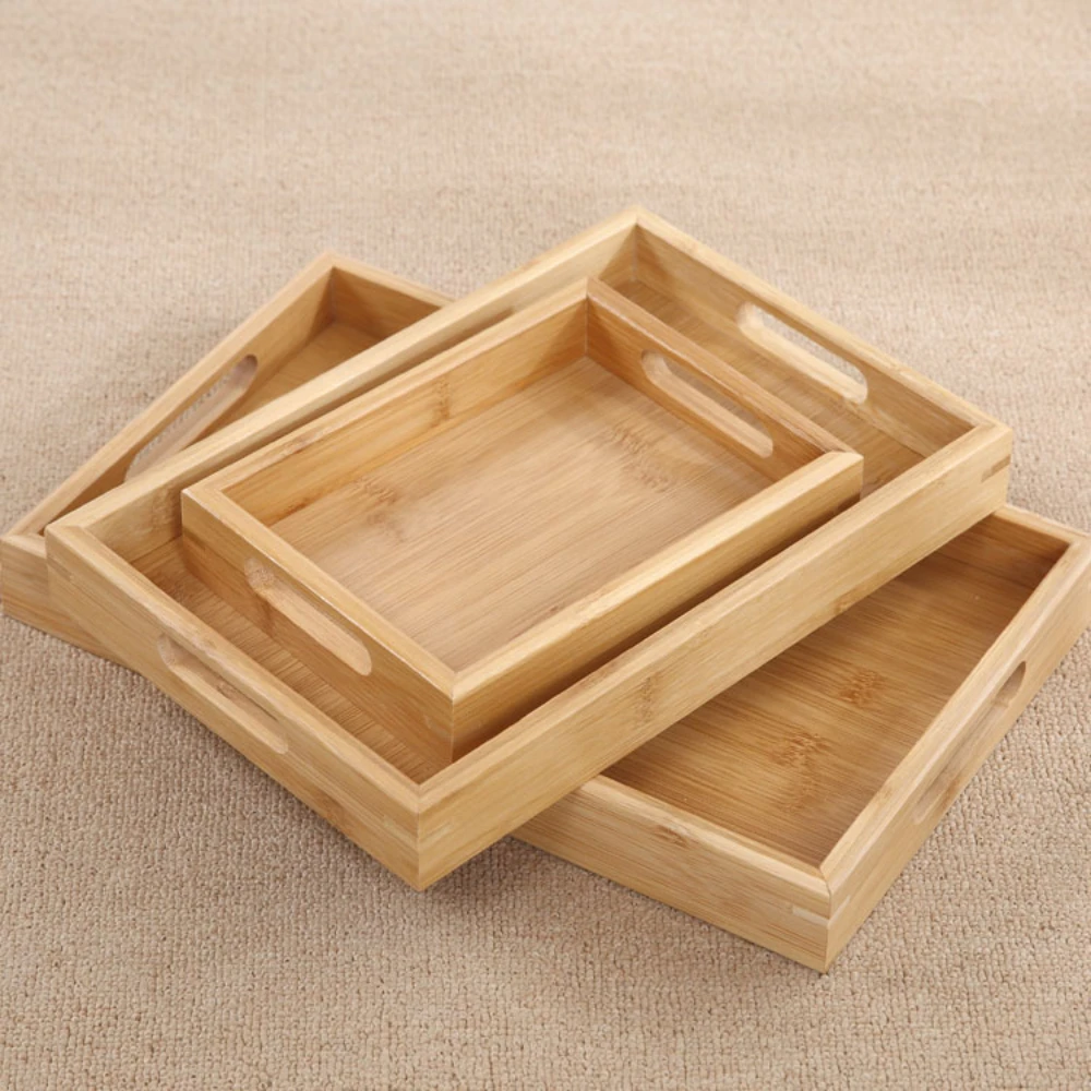 1PC Bamboo wooden tray Tea tableware holder Fruit bread dessert tea food with handle rectangle wooden serving tray tea tray