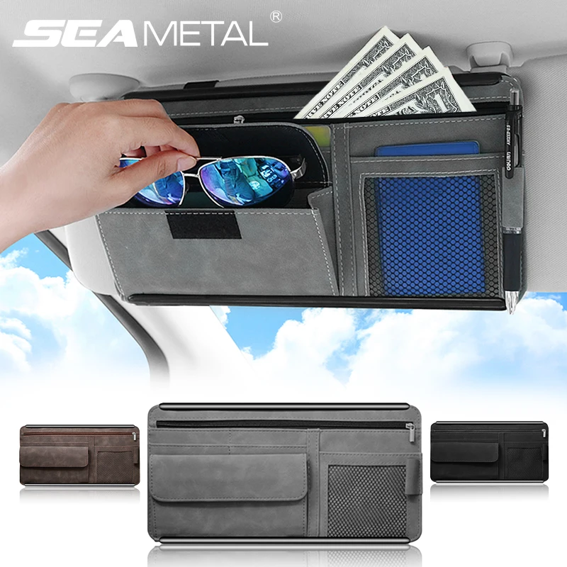 Car Sun Visor Organizer Bag Pu Leather Sun Visor Storage Pockets For