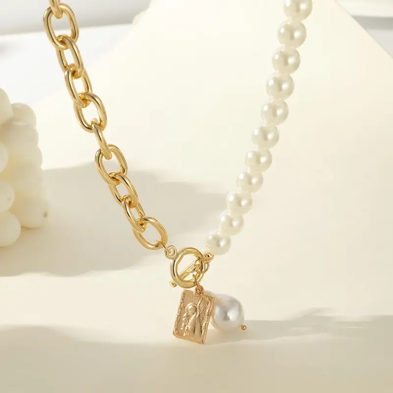S89157563272d40cf8864cfce4d0ad6453 2PCS Gold-color Necklace Hip Hop Style Baroque Faux Pearls Head Square Pendant Jewelry Mallzona
