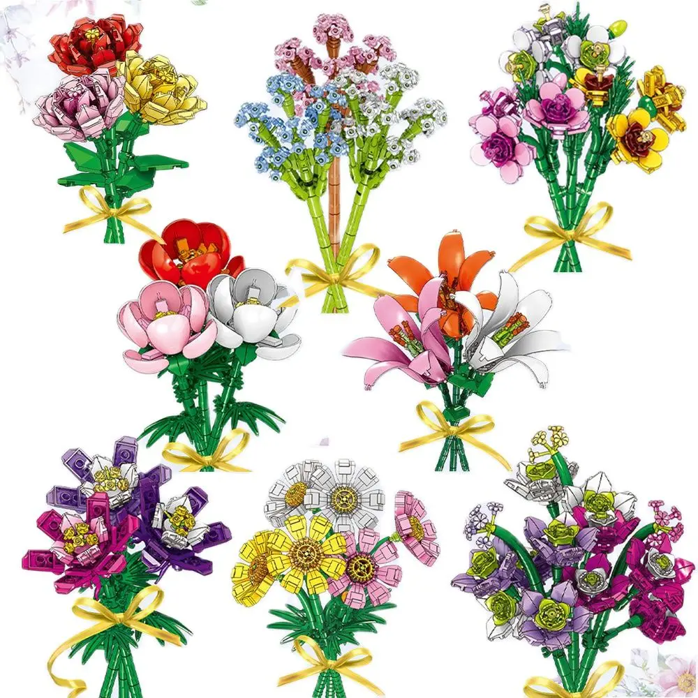 

Flowers Building Blocks MOC Romantic Bouquet Gypsophila Rose Ideas Bricks Home Furnishings Toys For Children Adult Gift