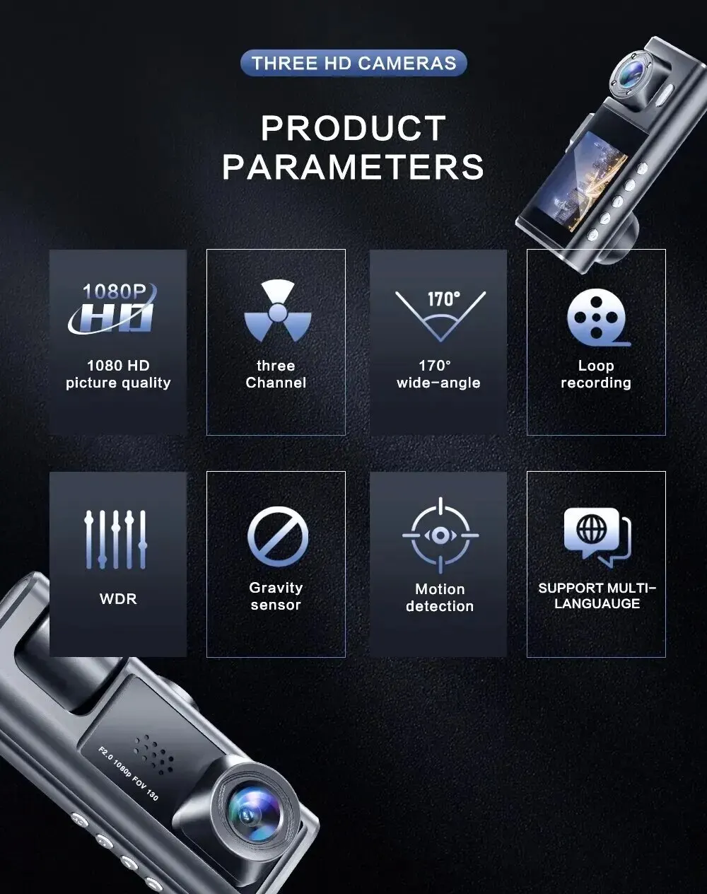 S8915ba60357c40408863212b898fb679R 3 Channel Car DVR HD 1080P 3-Lens Inside Vehicle Dash Cam Three Way Camera DVRs Recorder Video Registrator Dashcam Camcorder Mallzona