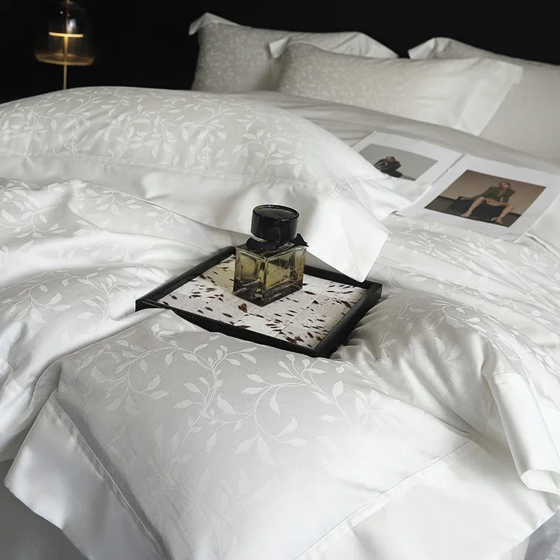 1000TC Egyptian Cotton Satin Jacquard Bedding Set, Luxury Silky Soft Duvet Cover, Flat/Fitted Bed Sheet Pillowcases 4Pcs