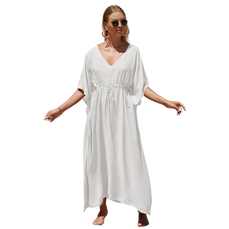 Solid Color High Waist Drawstring Lace-up Beachwear Women's Side Split Hem Cover-ups Female Holiday Robe Sun Protection Cover Up