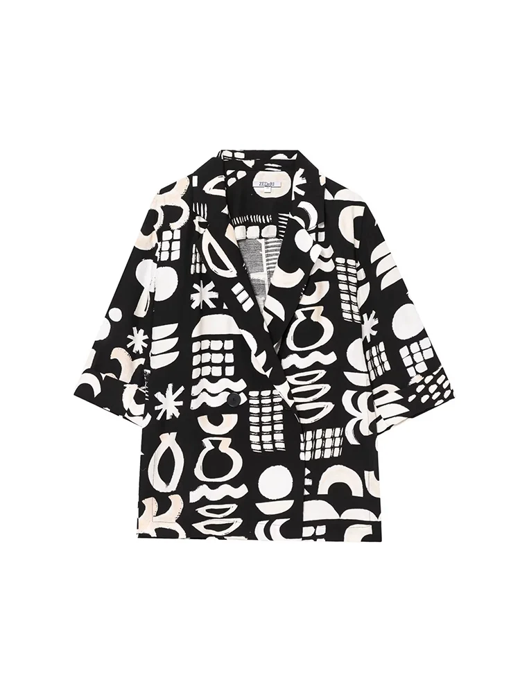 TFMLN Summer New Women's Print Pant Suit Casual Commuter Half Sleeve Double Breasted Suit Coat Straight Pants 2025 Fashion Sets