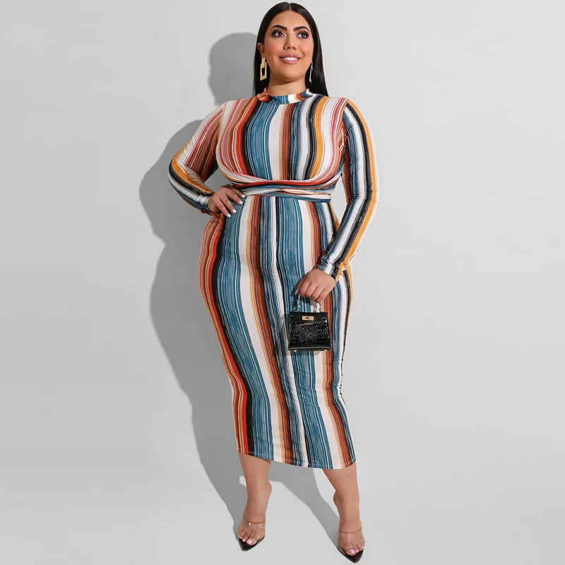 

Plus Size Women Elegant Dresses Fashion Colorful Stripes Tight Straps Dress Casual Commute Large Size Female Long Sleeve Dresses