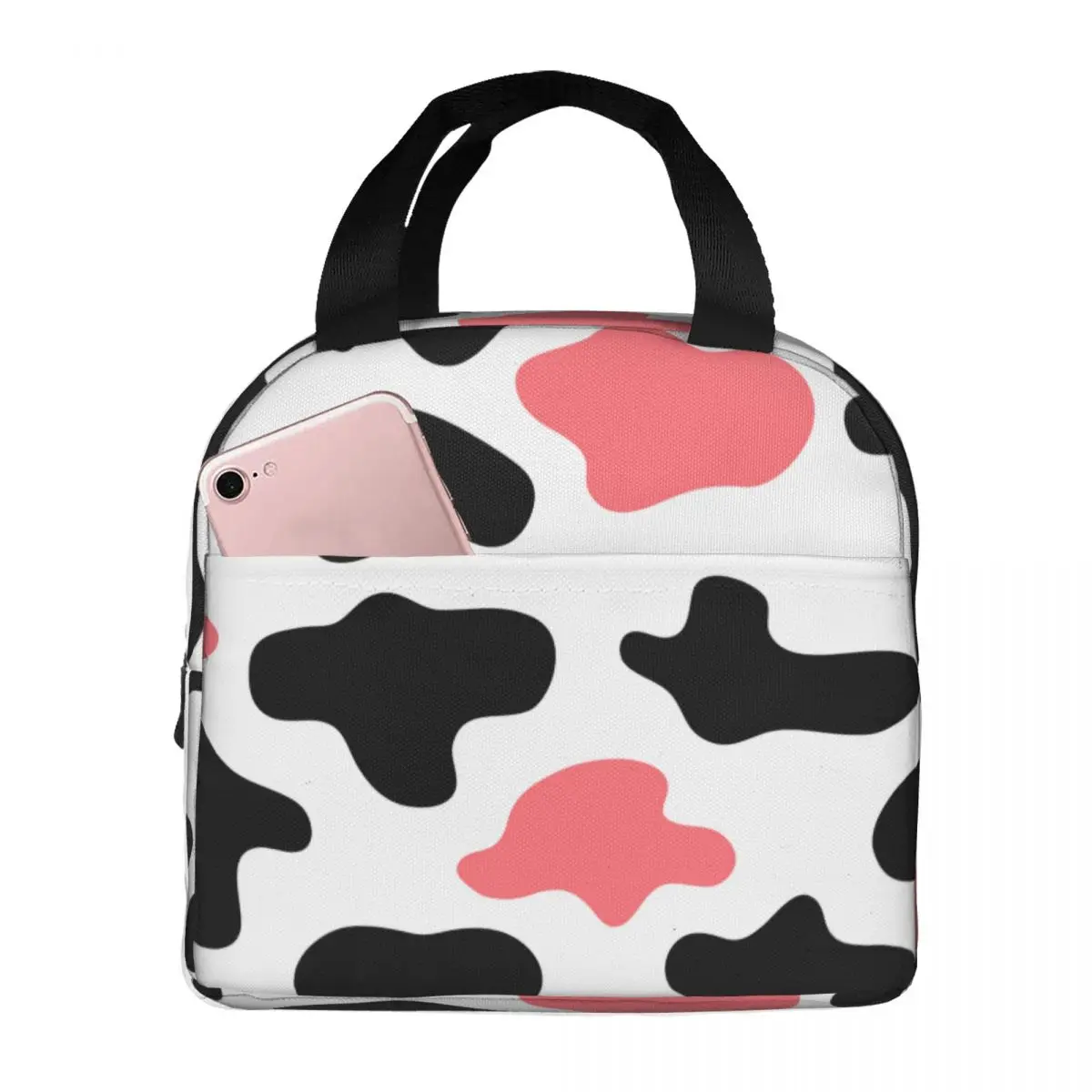 

Lunch Bags for Men Women White Black Pink Cow Spots Thermal Cooler Waterproof School Canvas Lunch Box Handbags