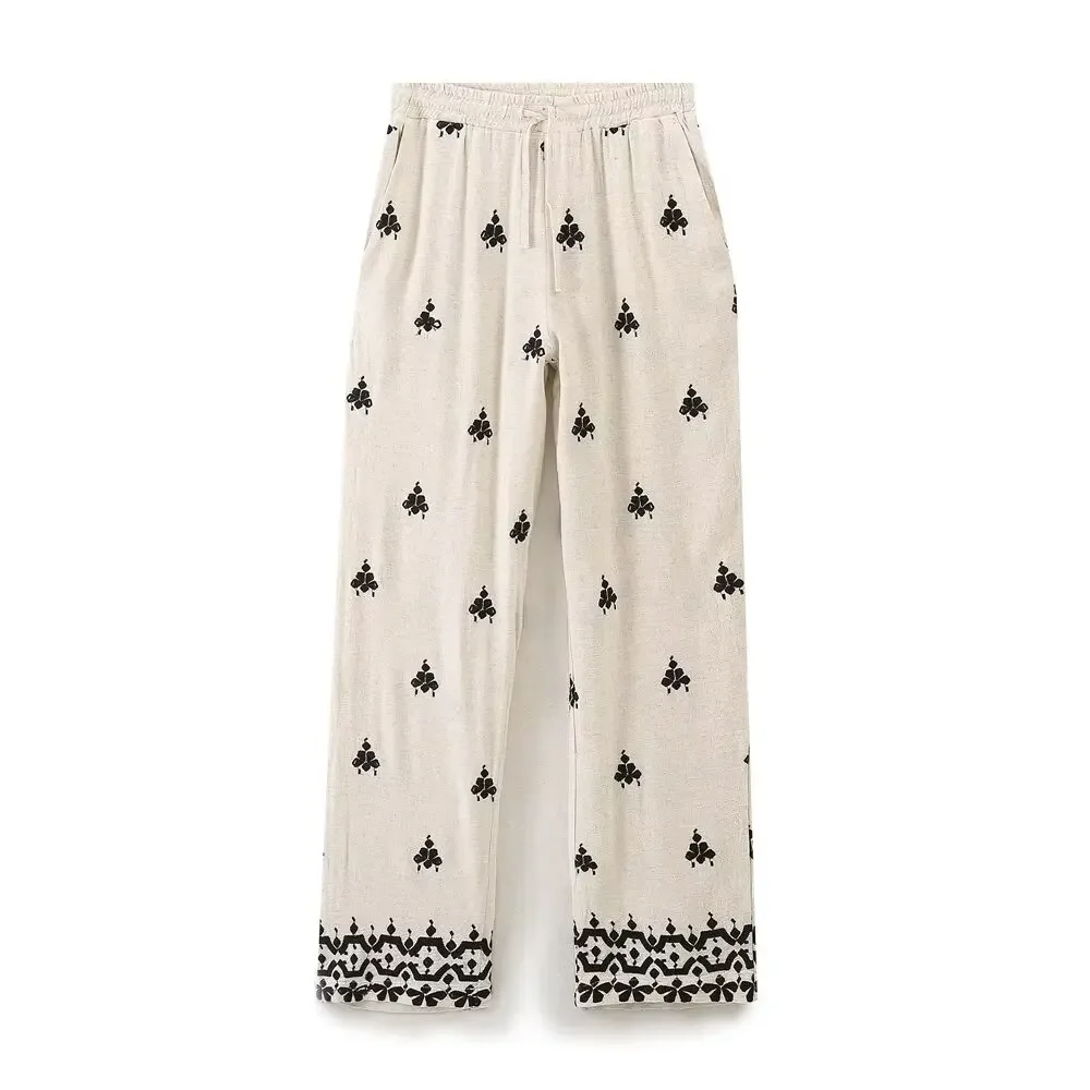 

Women's 2024 New Fashion Embroidery Decoration Loose Side Pocket Wide Leg Pants Retro Elastic Waist Lace Up Women's Pants Mujer