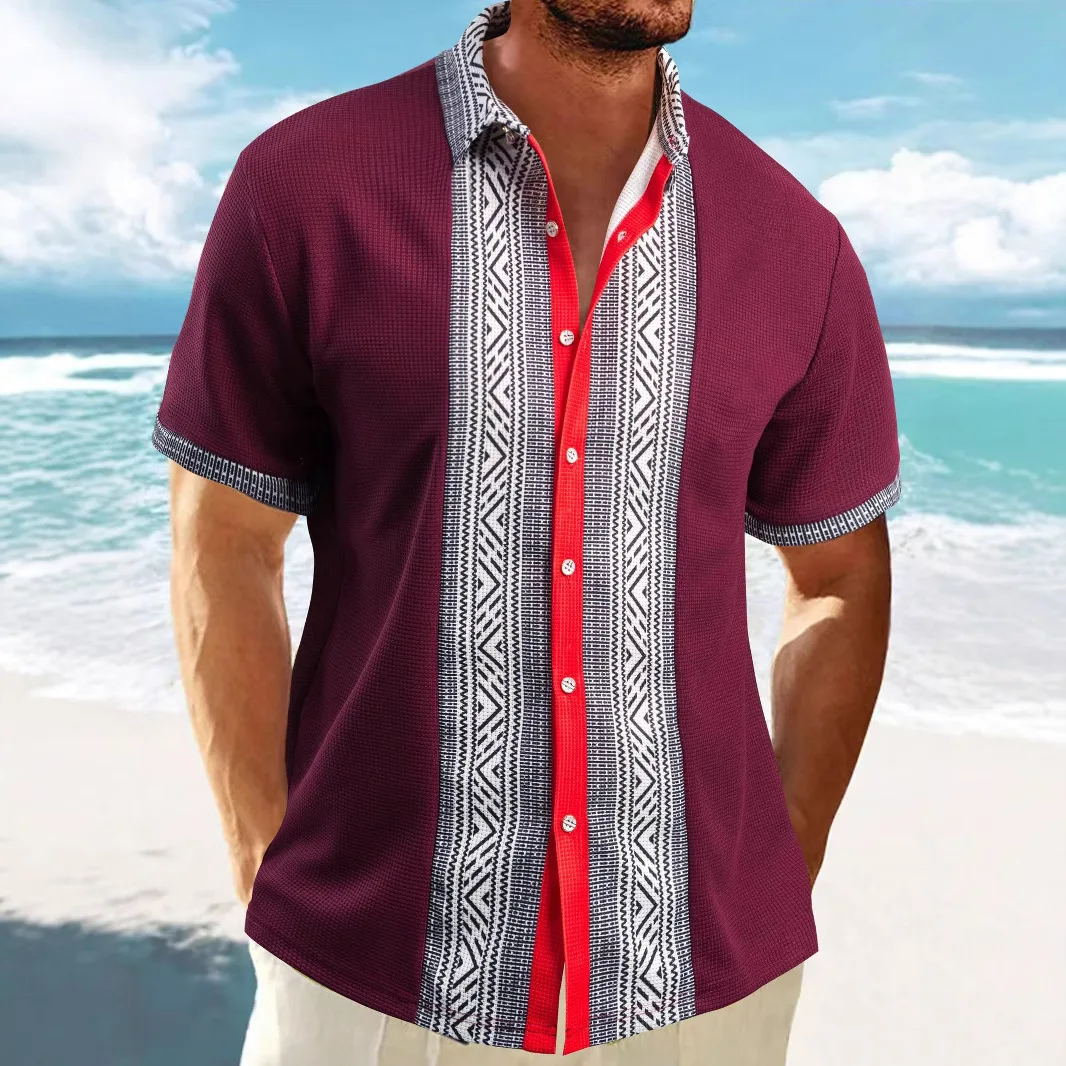 2025 Men's Waffle light ripe casual lapel cardigan patchwork buttons fashion urban summer beach short-sleeved shirt top 5