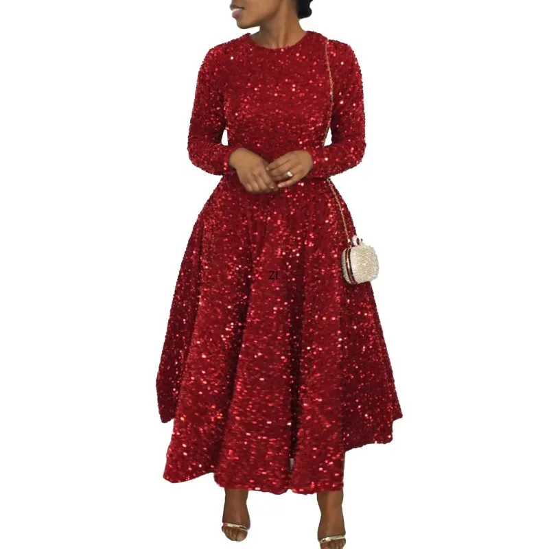 

2024 African Wedding Party Dresses for Women Autumn Elegant Long Sleeve O-neck Sequin Long Maxi Dress Dashiki Africa Clothing