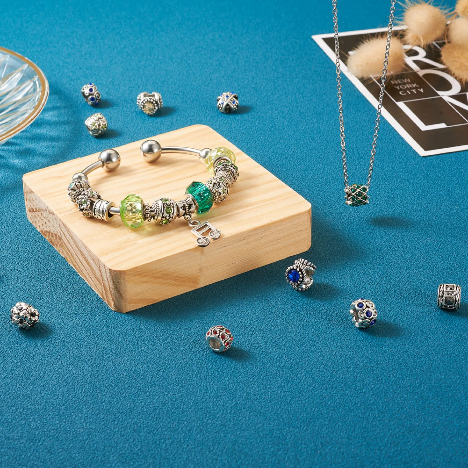 62Pcs Antique Silver Color Rondelle Cross Barrel Shape Alloy Rhinestone European Beads Large Hole Spacer Beads for Bracelet DIY