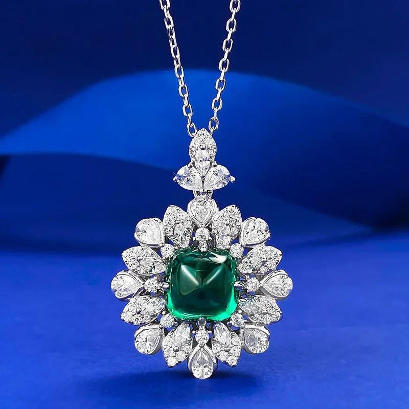 

New S925 Silver Imitation Emerald 10 * Sugar Tower Necklace Pendant Women's Light Luxury Fashion Style