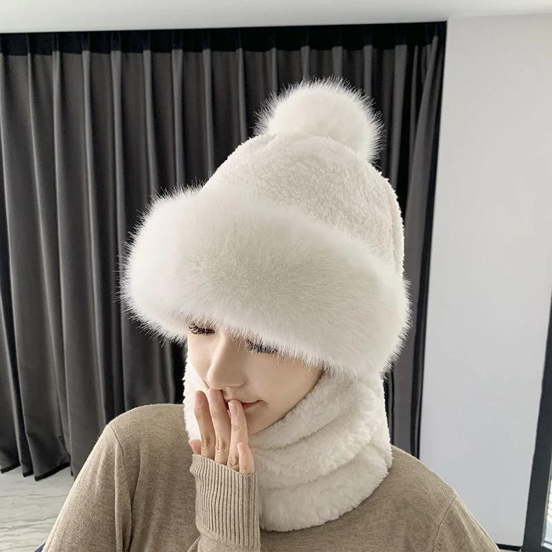 Winter Scarf Set Hooded for Women Plush Neck Warm Russia Outdoor Ski Windproof Hat Thick Plush Fluffy Beanies 6