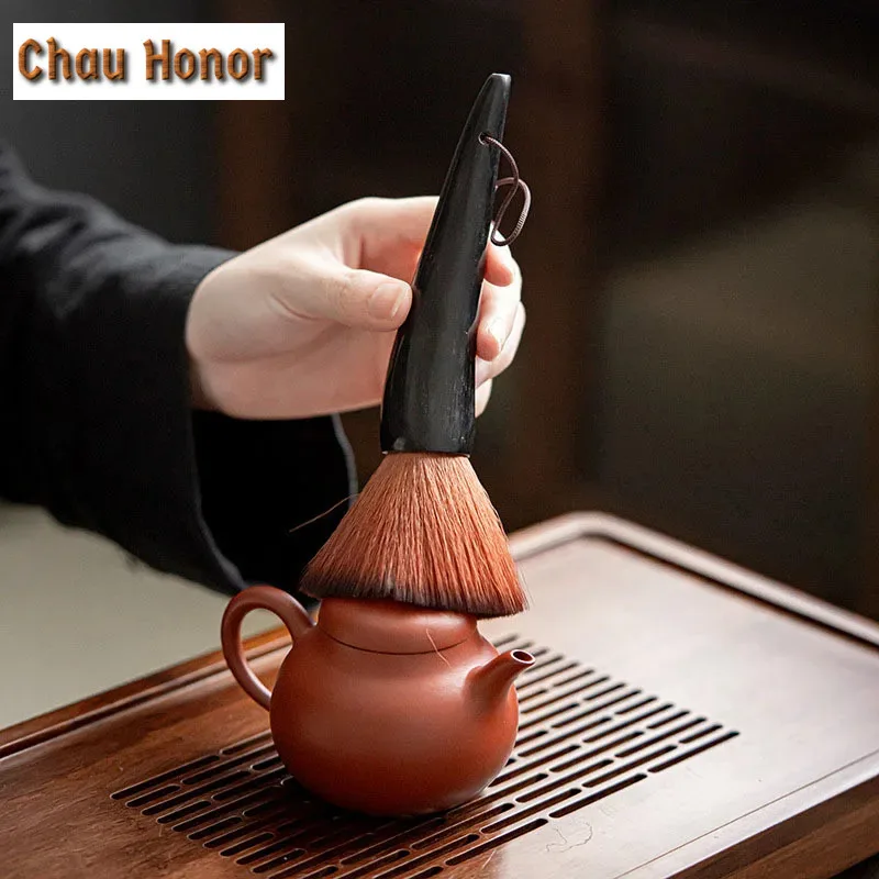 Chinese Kung Fu Tea Brush Handmade Black Ox Horn Wash Pot Cover Brush Bamboo Root Tea Spoons Tea Ceremony Parts Teaware Set Tool