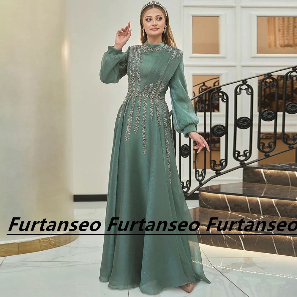 

A-Line Organza Muslim Evening Dress Arab Dubai Women's Formal Prom Dresses Applique Zipper Long Sleeve Fashion Vestidos De Gala