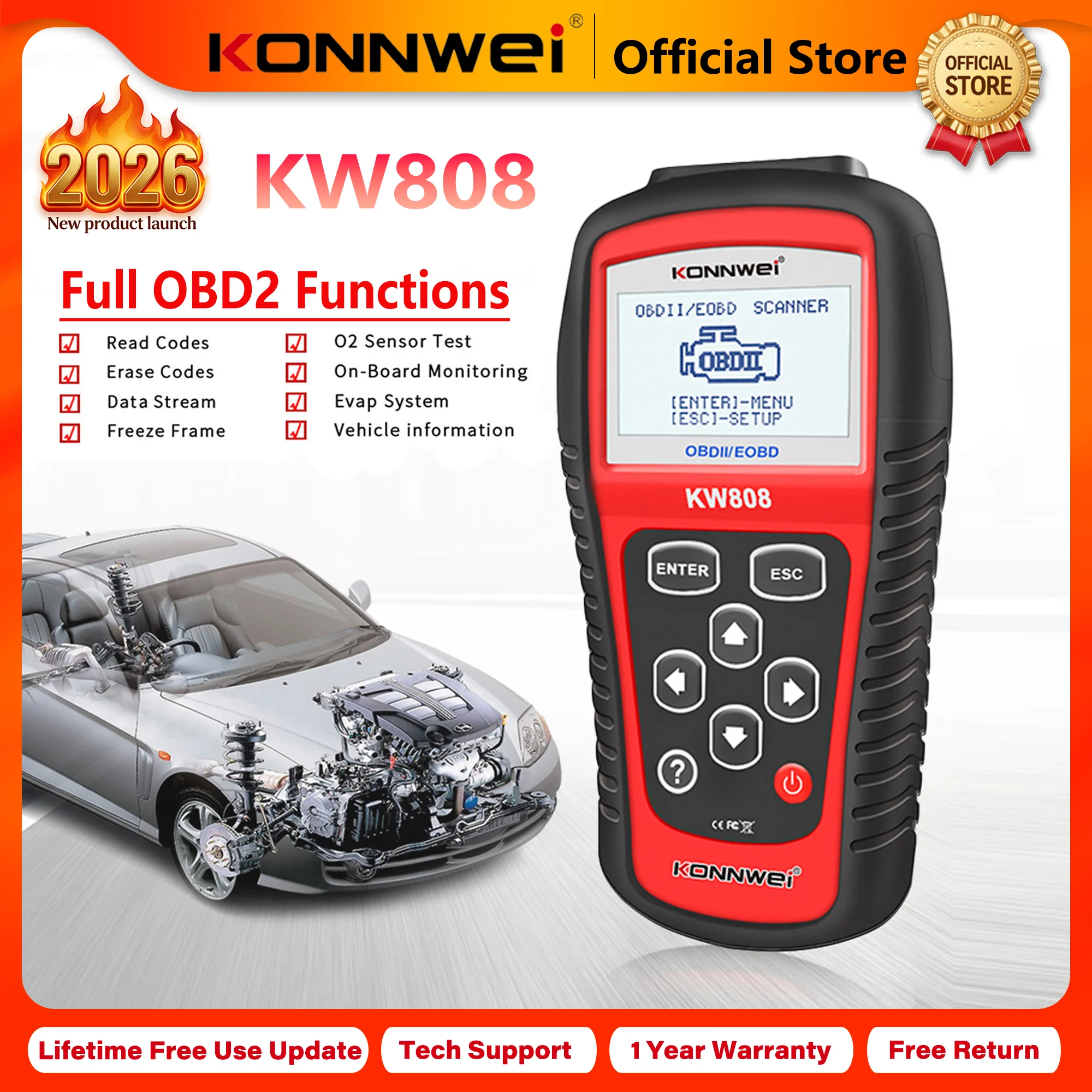 KONNWEI Professional Car OBD2 Scanner KW808, OBDII Automotive Diagnostic Tool Engine Fault Code Reader Car OBD Tool 2026