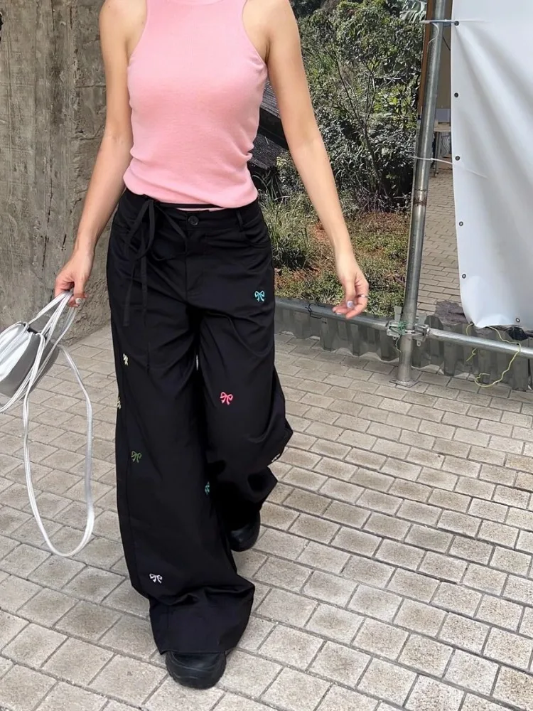 HOUZHOU Y2k Vintage Cargo Pants Woman Harajuku Embroidery Casual Gyaru Wide Leg Trousers Korean Fashion Streetwear Spring Loose houzhou harajuku vintage 90s brown corduroy pants women oversize korean fashion pink high waist wide leg trousers for female