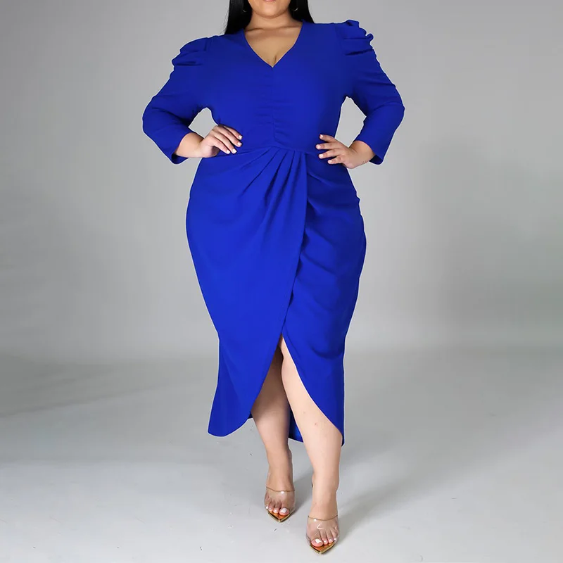 Plus Size for Clothes Women Evening Party V-Neck Bag Hip Irregular Dress Solid Color Pleated Long Sleeve Slim Split Fork Dresses