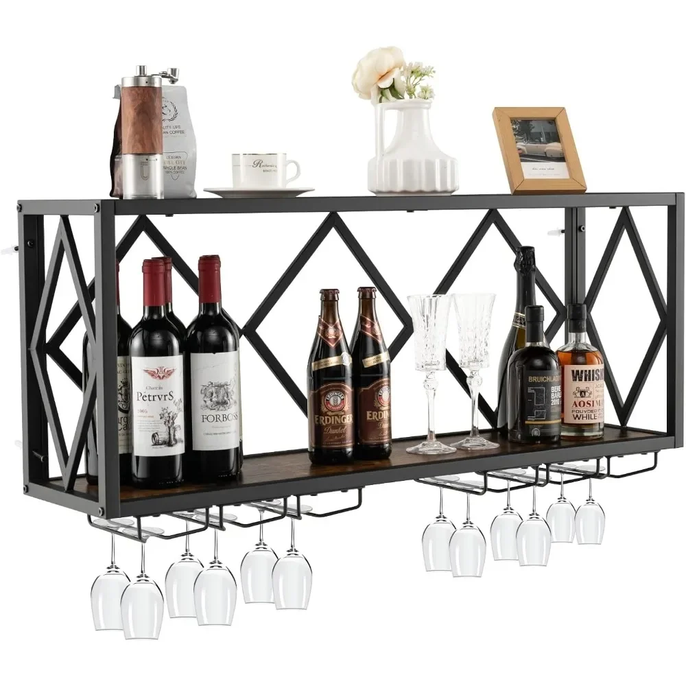 Industrial Wall Mounted Wine Rack, 39-Bottle Metal Wine Holder Wall with 12 Glass Holder, Hanging Glass Rack