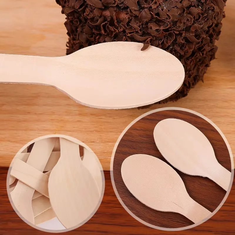 50PCS Disposable Wooden Spoons Cakes Desserts Ice Cream Wooden Spoons Wedding Birthday Party Outdoor Picnic Kitchen14cm