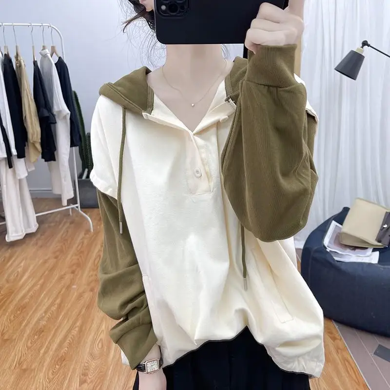 Spring Autumn Contrast Color Fashion Long Sleeve Hoodies Women High Street Button Drawstring Pullovers Elegant All-match Tops