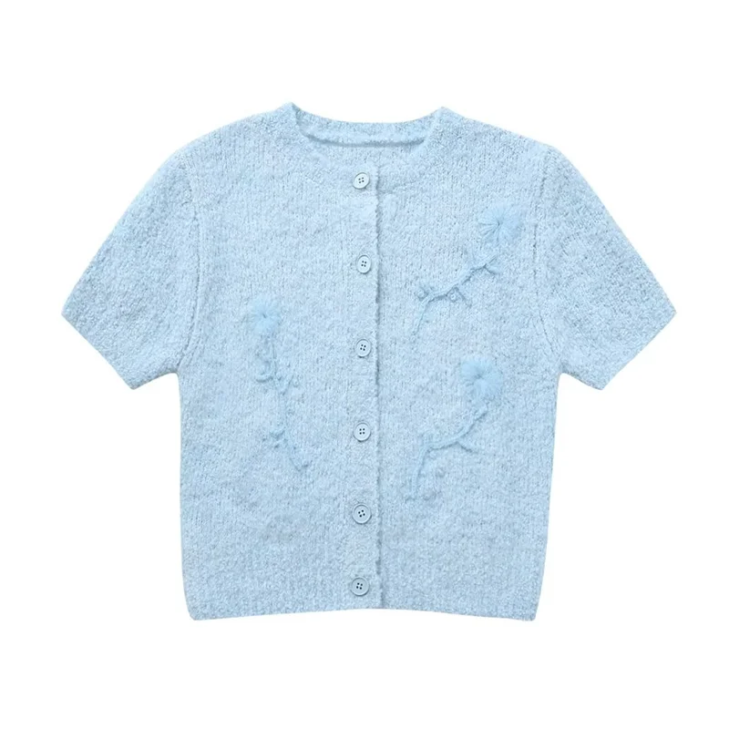 

Woman Sweet Blue Slim Knit Short Cardigan 2023 Autumn Girls Cute Embroidery Crochet Cardigans Female Chic Crop Knitted Tops