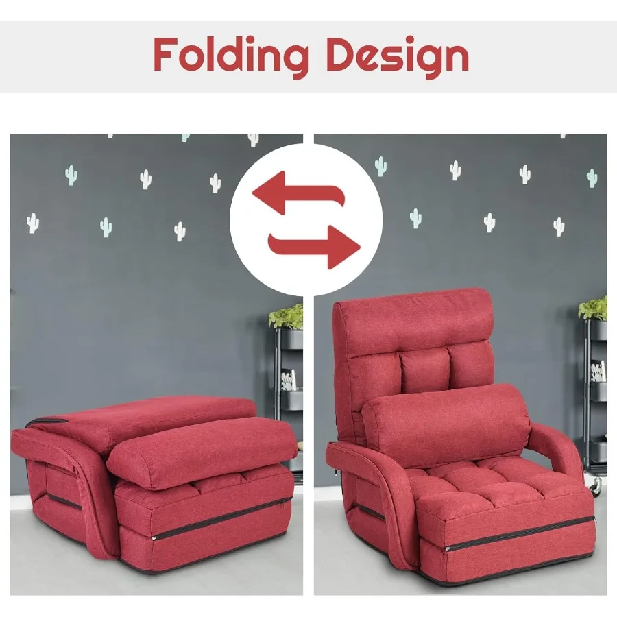 Adjustable Floor Chair Folding Lazy Sofa Chair with 5 Positions Detachable Seat Cushion Indoor Chaise Lounge Sofa Bed for Livin