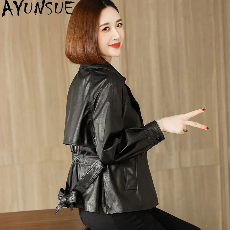 

AYUNSUE Genuine Leather Jacket Women OL Real Sheepskin Coat Elegant Women Leather Jackets Short Leather Coats Lace-up Chaquetas