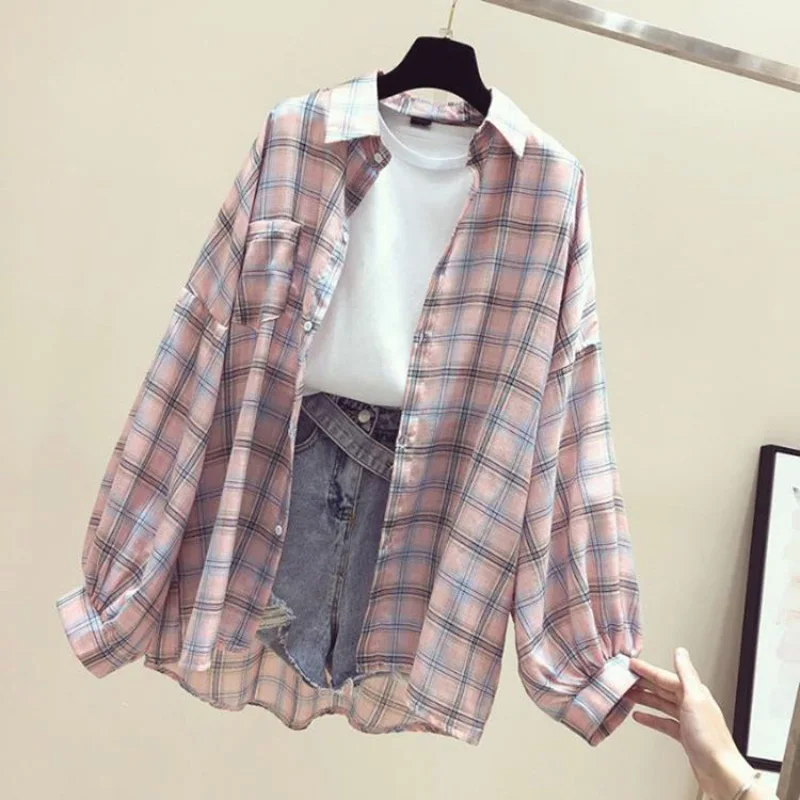 Korean Style Plaid Classic Loose Shirts Blouse Women Daily Cute Student Women Clothing Fashion Vintage Shirt