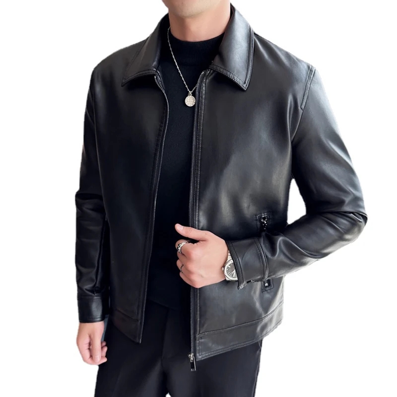 

Plus Size Men's Black Leather Jackets Slim-Fit Turn-Down Collar Zipper Motorcycle PU Leather Coat Vintage Outerwear Men Clothing