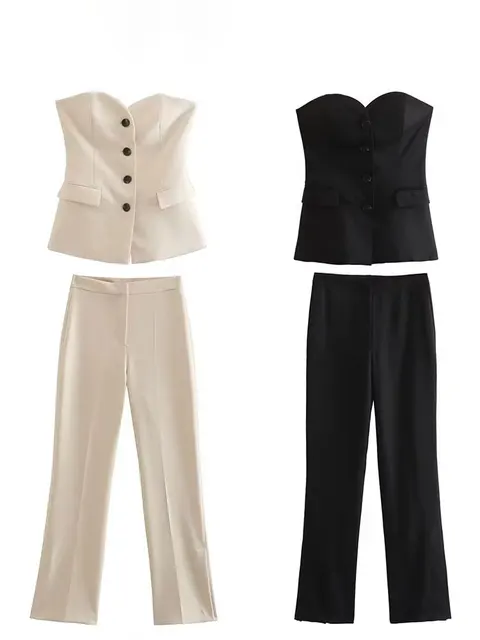 HH Women Elegant Solid Pant Suit Front Button Strapless Sexy Tank Tops + Side Slit Trouser Female Fashion Streetwear Sets 5