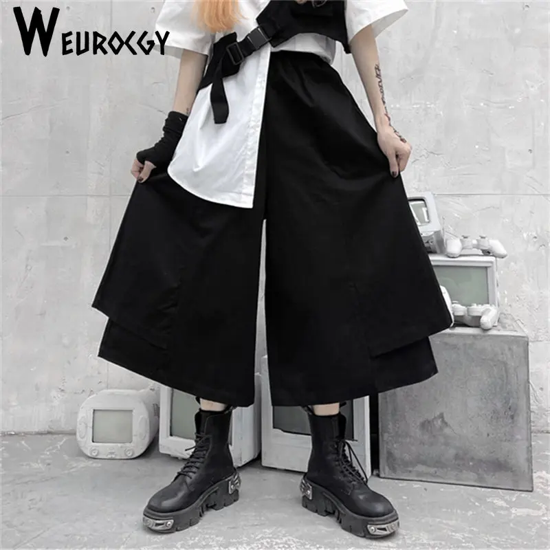 

Causal Loose Go Well With Everything Retro Seven Cent Pants Pockets Women's Wide Leg Pants High Waist Fake Two Piece Streetwear