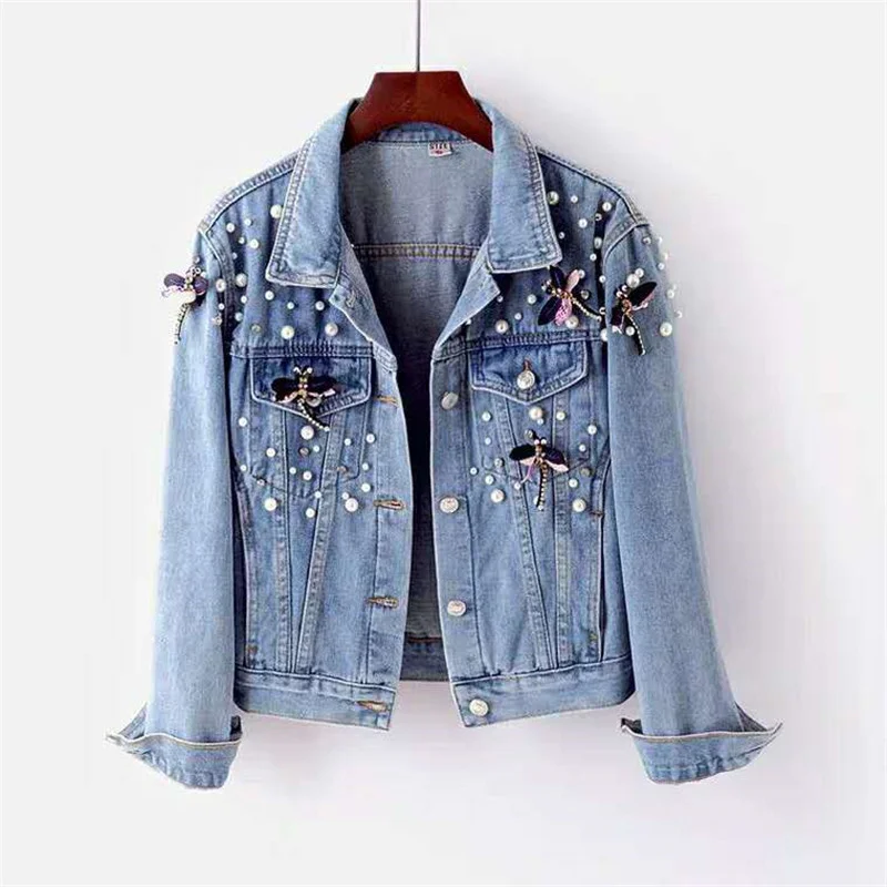 

2023 Autumn Denim Jacket Coat Women Beading Loose Overcoat Jeans Jacket Basic Coats Streetwear Long Sleeve Casual Outerwear