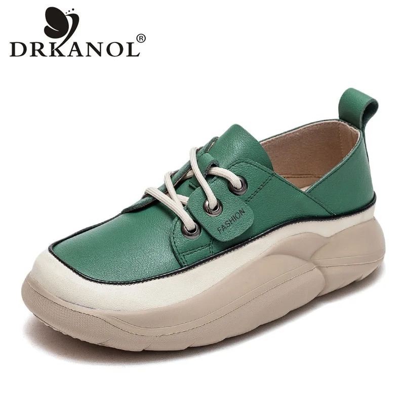 

DRKANOL Fashion Casual Sneakers Women Thick Bottom Platform Shoes Mixed Colors Genuine Leather Lace-Up Lightweight Sneakers Lady