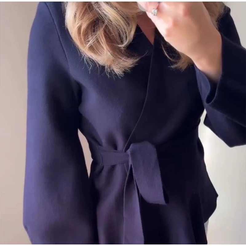 Vintage Lace Up Knit V-neck Jacket Women Solid Full Sleeve Loose Cardigan Top New 2025 Spring Elegant Lady High Street Outwear