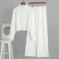 Bornladies Women's New Knit Zip Up Cardigan Wide Leg Pants Set Soft Fabric Cropped Elastic Waist Autumn Winter Fashion Sweater - Image 5