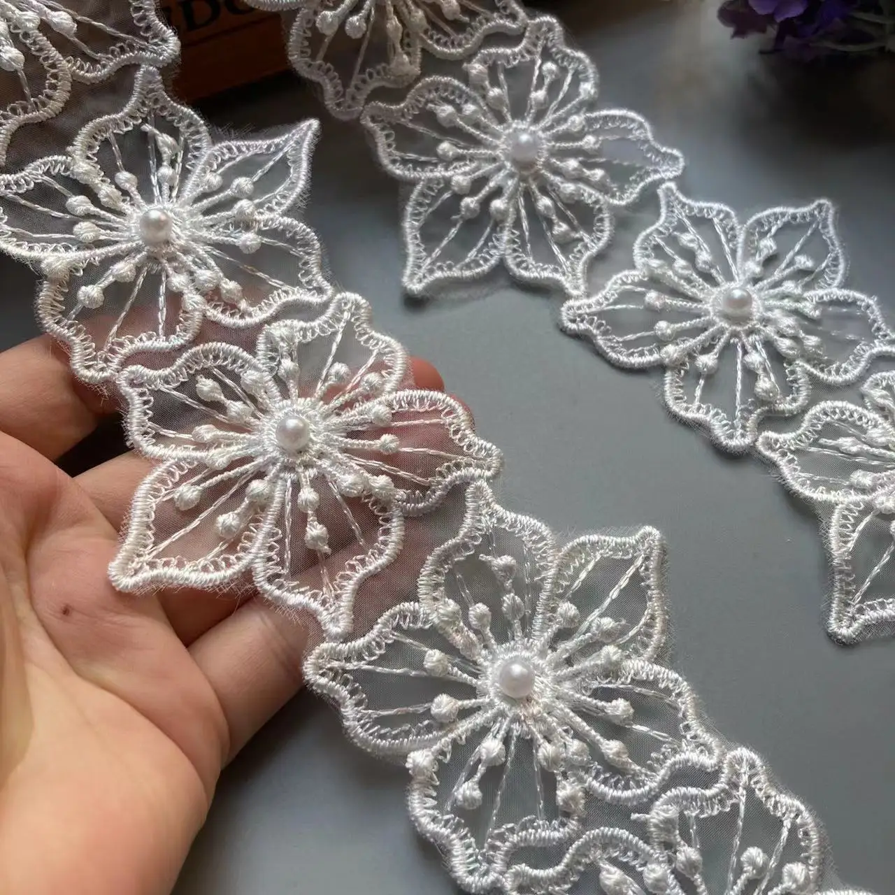 

10x White Pearl Handmade Beaded Flower Embroidered Lace Edge Trim Ribbon Double Layered Applique Dress DIY Sewing Craft 7cm New