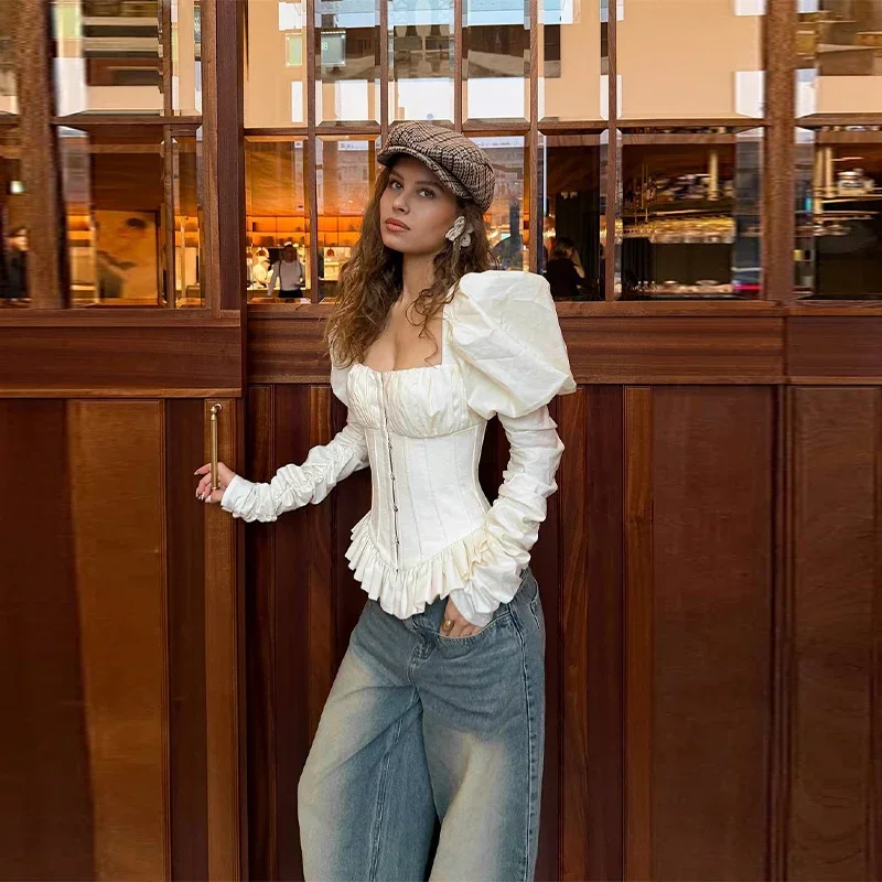 White Corset Top Women Square Neck Puff Long Sleeve Ruffle Hem Lace Up Front Outwear 2026 Spring Lady Daily Casual Fashion Top
